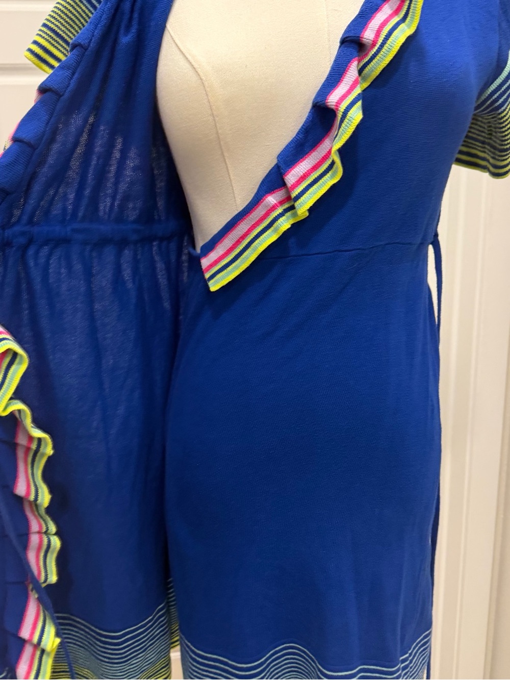 Royal Blue Ruffle-Trim Sweater Knit Wrap Dress with Multicolor Stripes - Picture 4 of 6